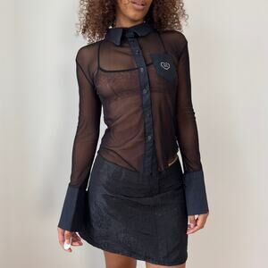 Vintage Italian black sheer mesh  blouse with rhinestone heart pocket detail (S)